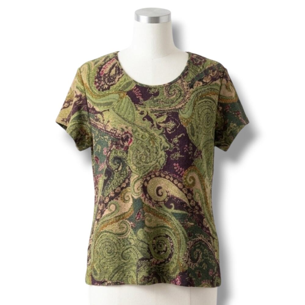 Koret Women's Large Green Purple Paisley Metallic Shimmer Short Sleeve Top